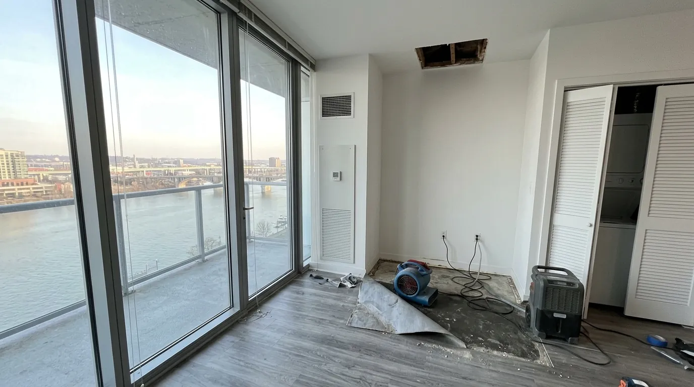 Ceiling in a modern condo opened near a stacked laundry closet with a dehumidifier drying vinyl plank flooring below