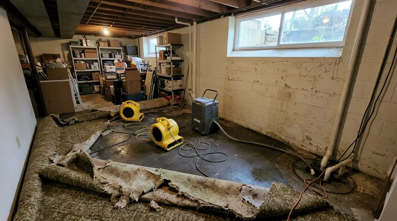 Split-level lower level with carpet rolled back and air movers drying a block wall beside a sump pit