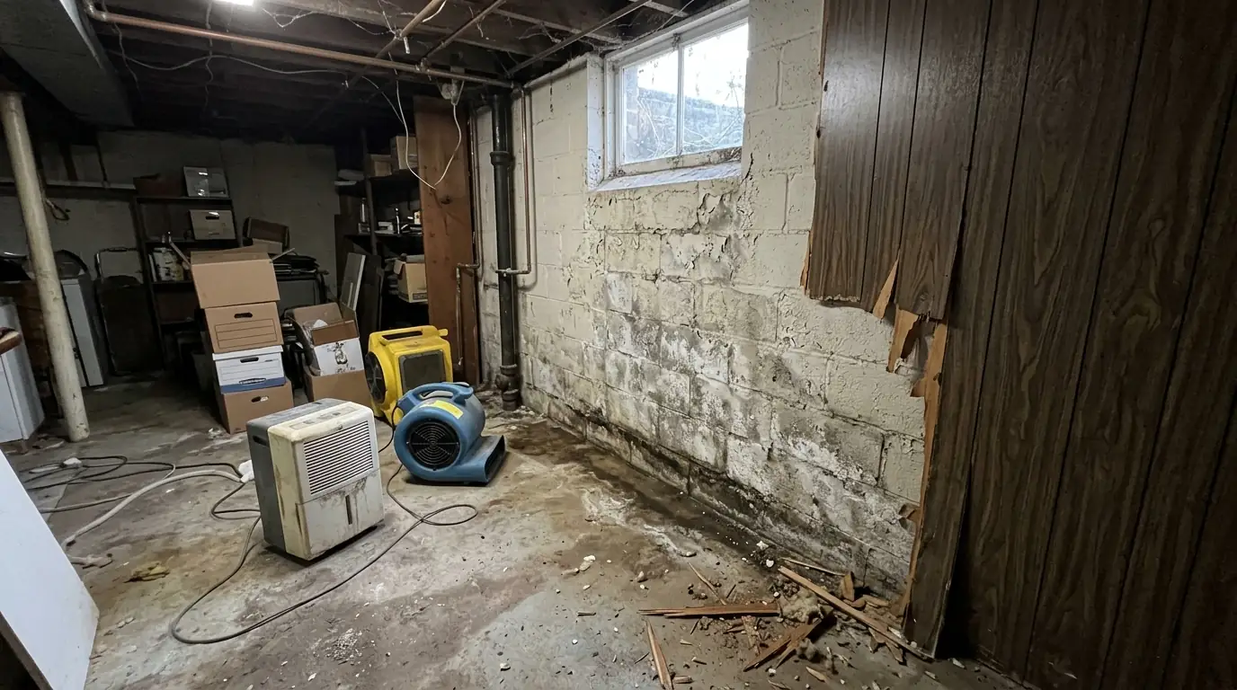 Basement of a brick colonial with paneling removed, showing a damp cinder block wall and a dehumidifier