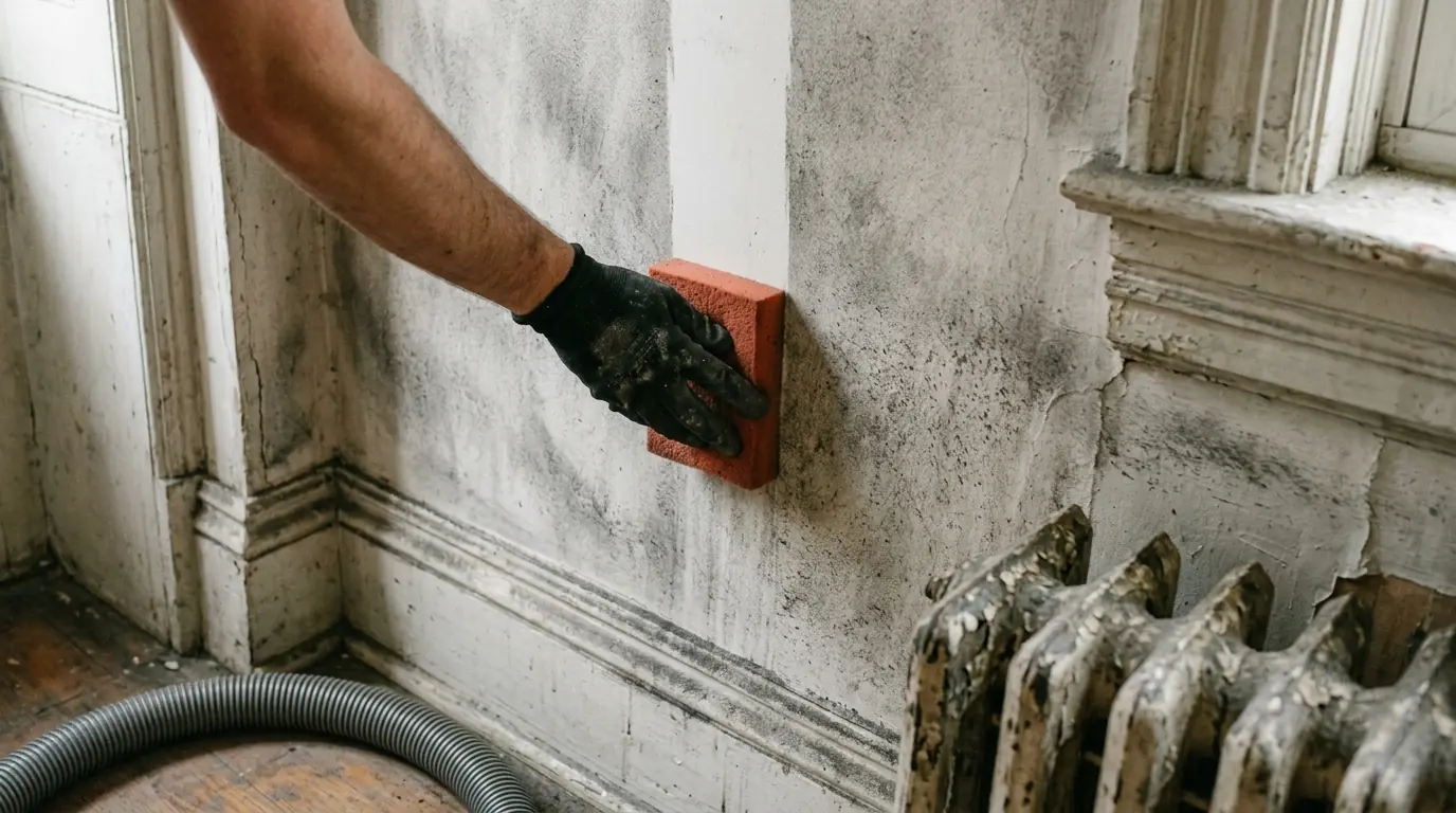 Gloved hand pulling a dry soot sponge down a sooty plaster wall, leaving a clean stripe beside a radiator
