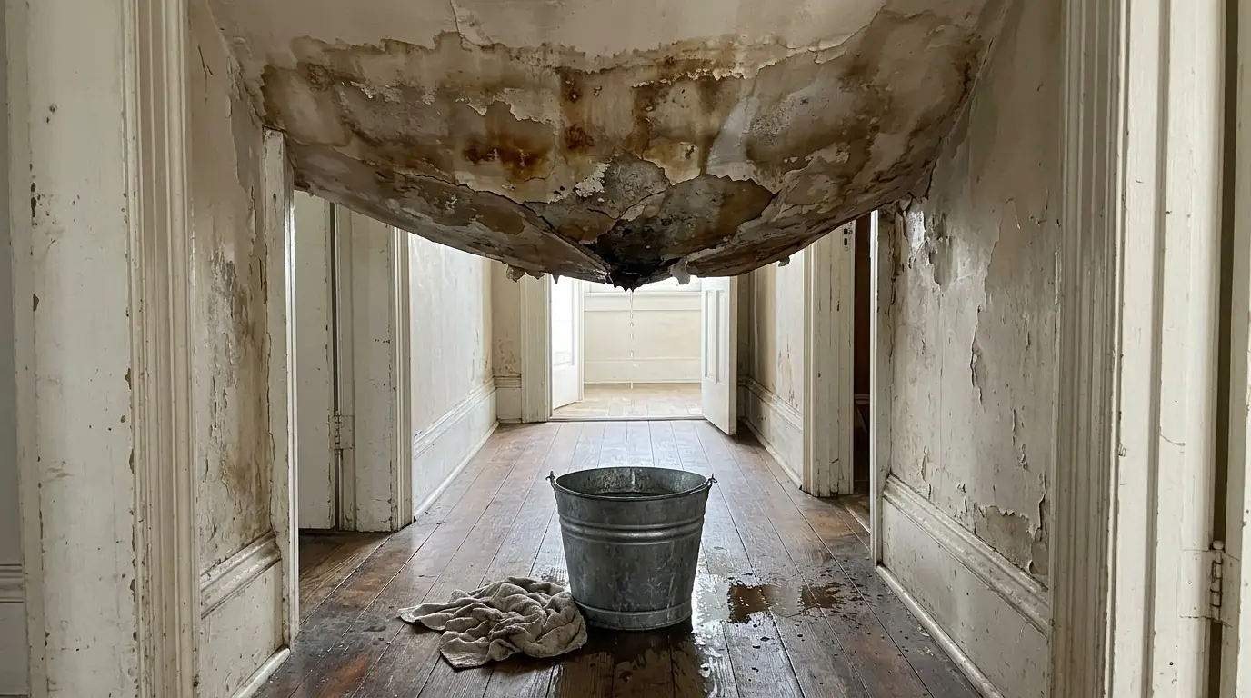 Sagging stained plaster ceiling with water dripping into a metal bucket in an older house hallway