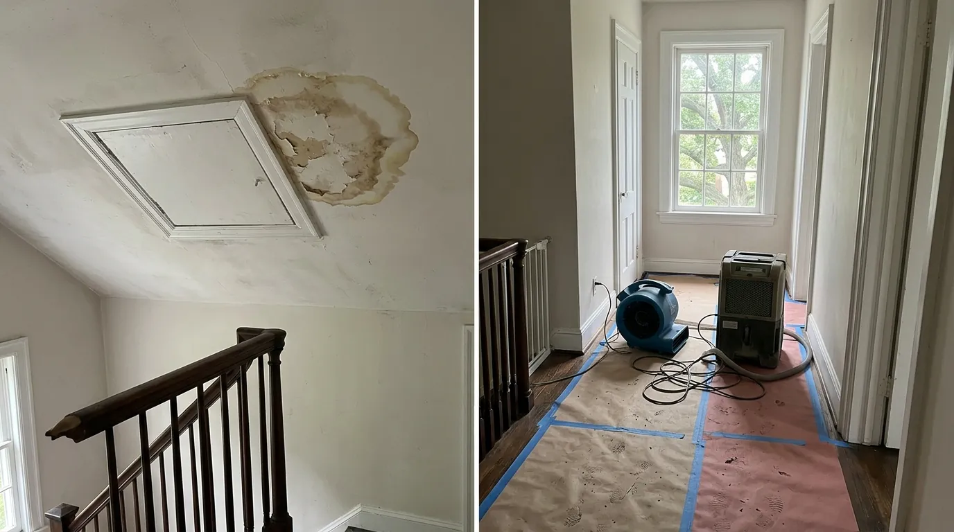 Air mover and dehumidifier drying a stained plaster ceiling in the stair hall of a brick Colonial house