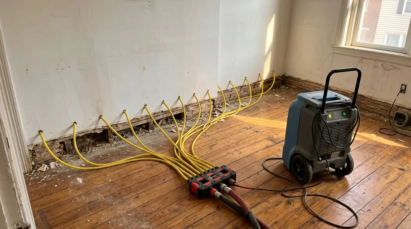 Wall cavity drying hoses inserted behind a removed baseboard on an old plaster wall with a dehumidifier