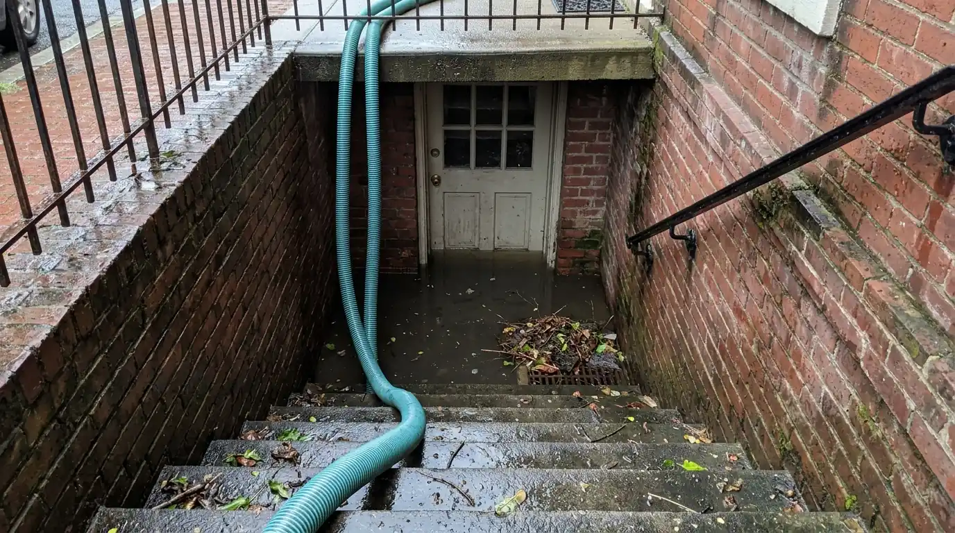 Front stairwell of a DC English basement with wet leaves clogging the drain and water pooled at the door