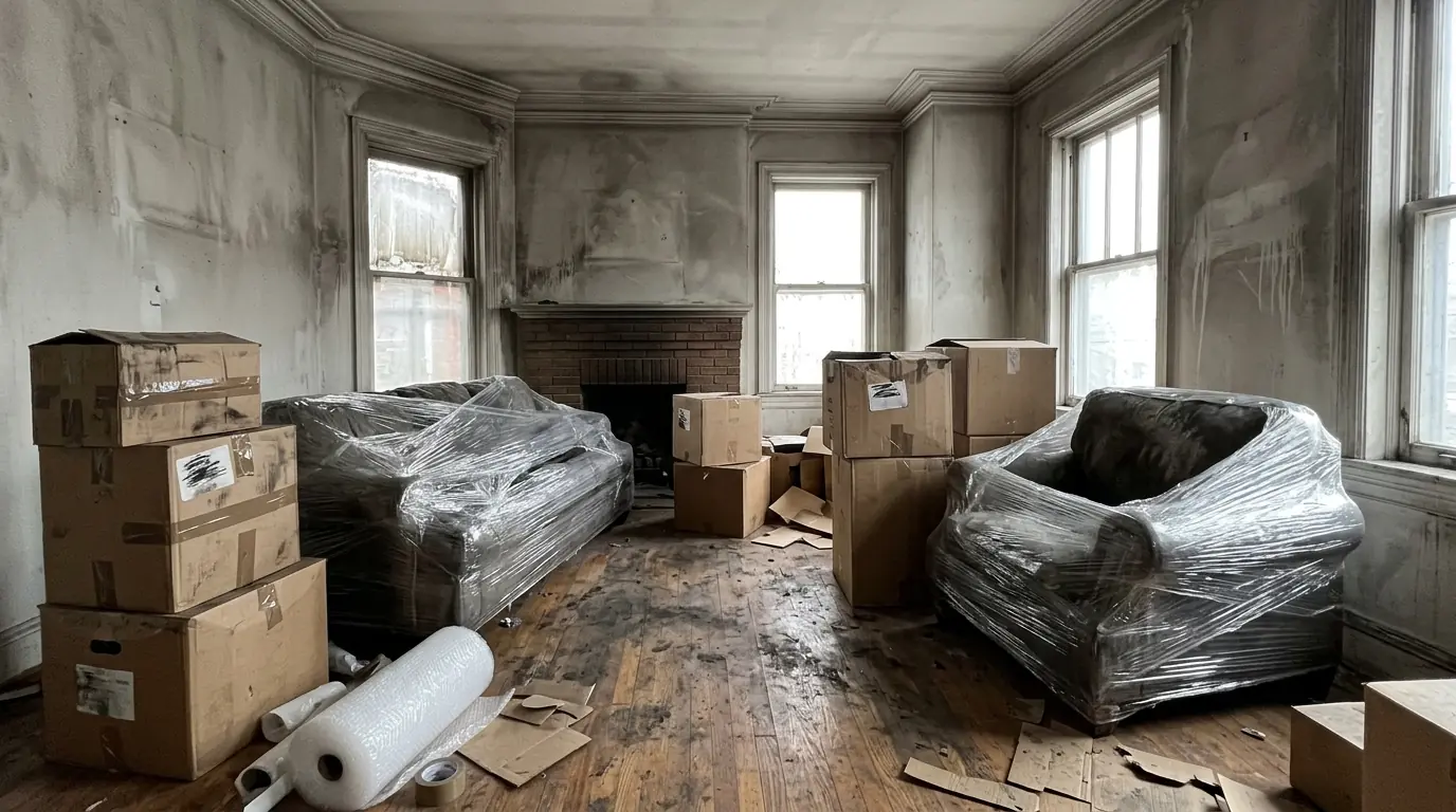 Labeled moving boxes and plastic-wrapped furniture being packed in a smoke-damaged living room