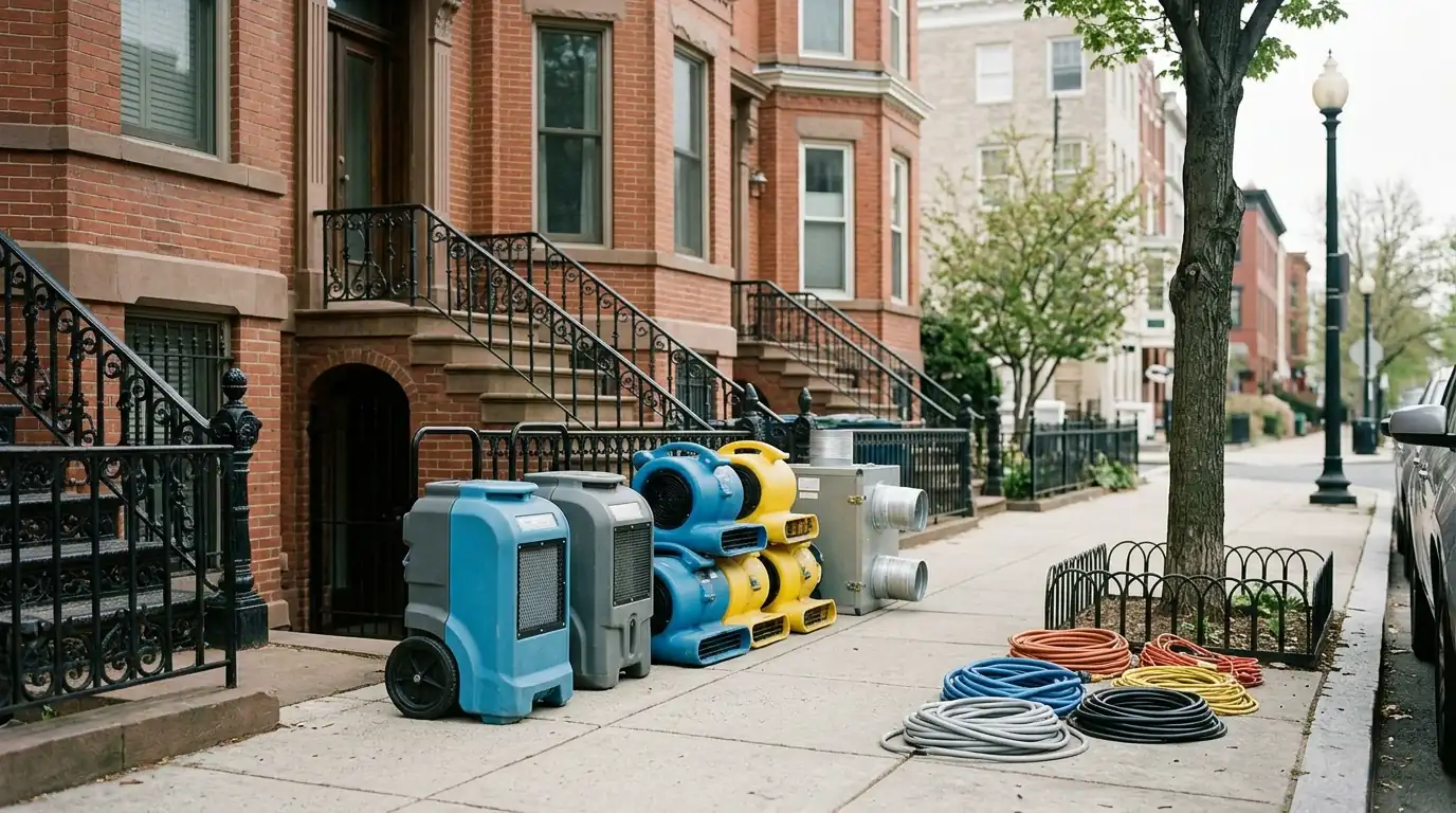 Dehumidifiers, air movers and a HEPA scrubber staged beside rowhouse steps