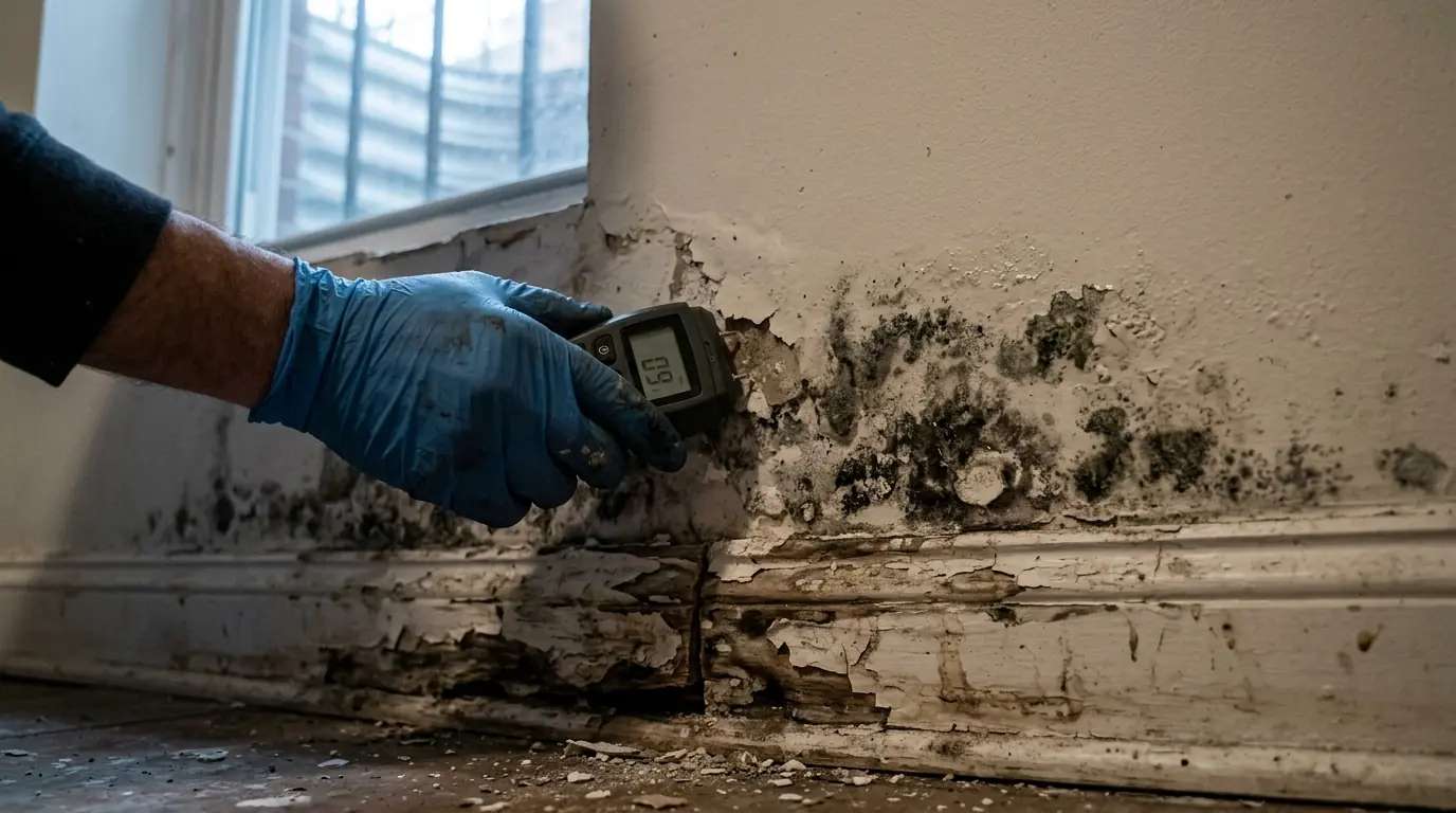 Dark mold growth spreading from the lower edge of a drywall wall above a swollen baseboard in a DC basement