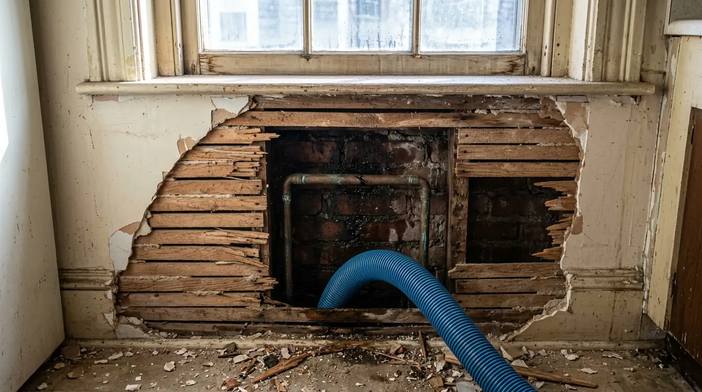 Opened plaster wall under a kitchen window showing a split copper pipe and wet lath in an older DC rowhouse