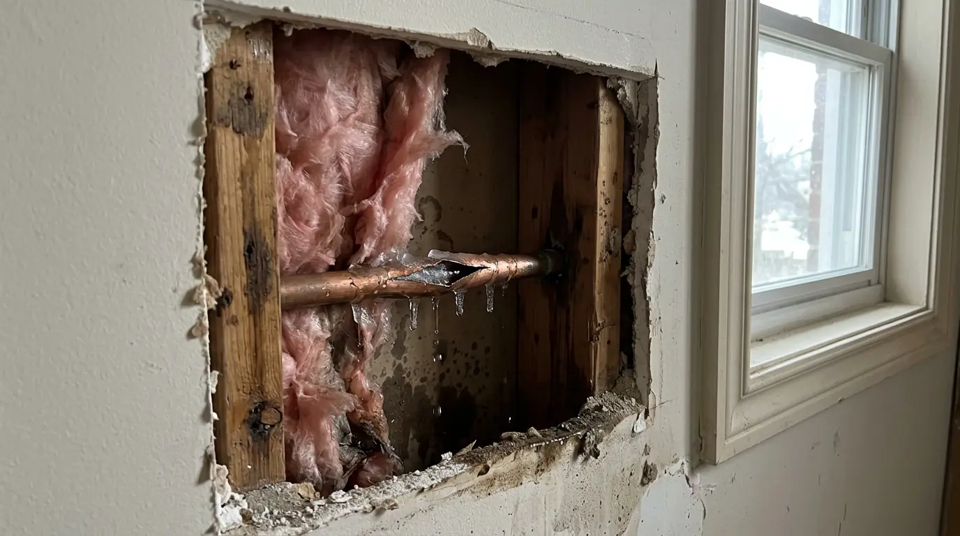 Split copper pipe with ice and dripping water inside an opened exterior wall cavity beside a window