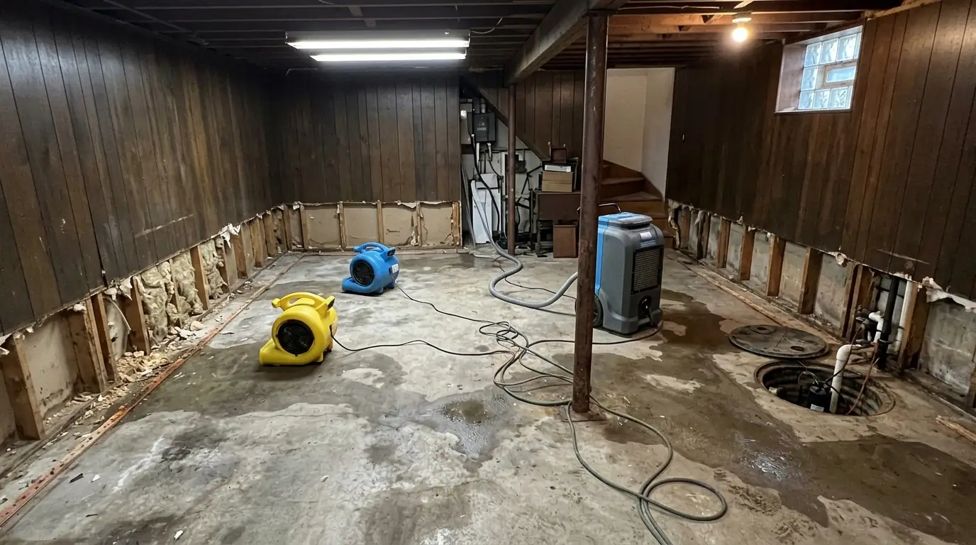 Finished basement with wood paneling cut away above a wet slab while a dehumidifier runs near a sump pit