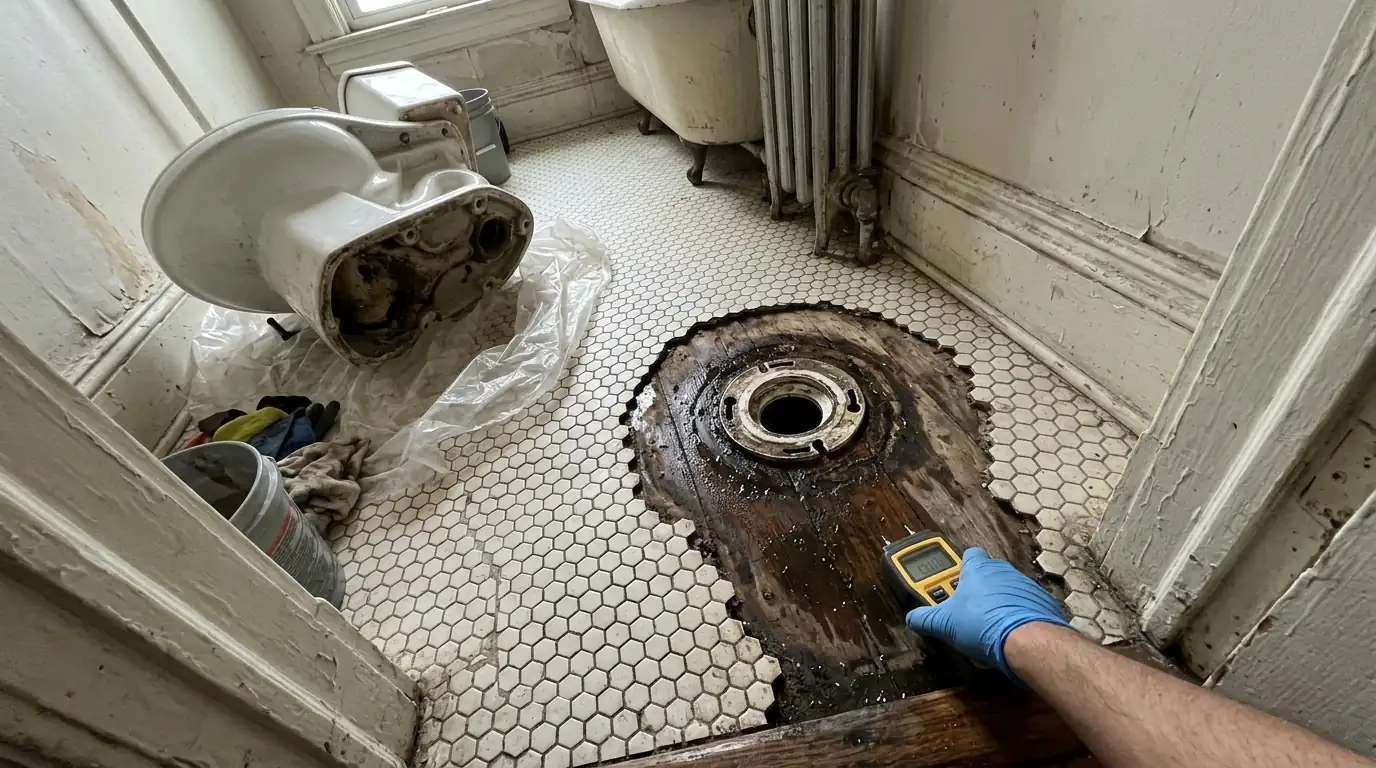 Small tiled bathroom with a toilet pulled from its flange and a moisture meter on the subfloor beside it