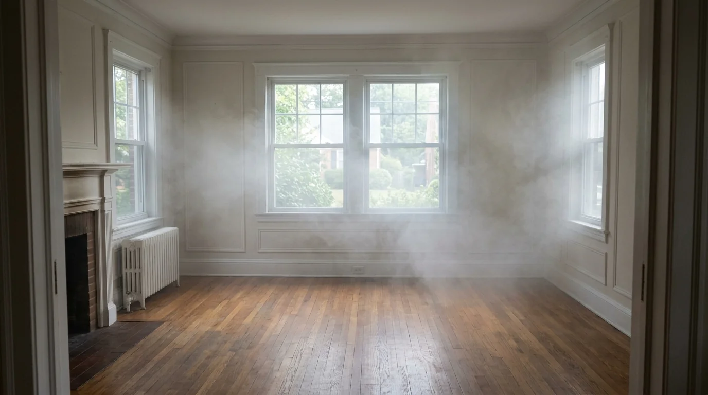 Fine fog from a thermal fogger drifting through an empty living room with windows closed