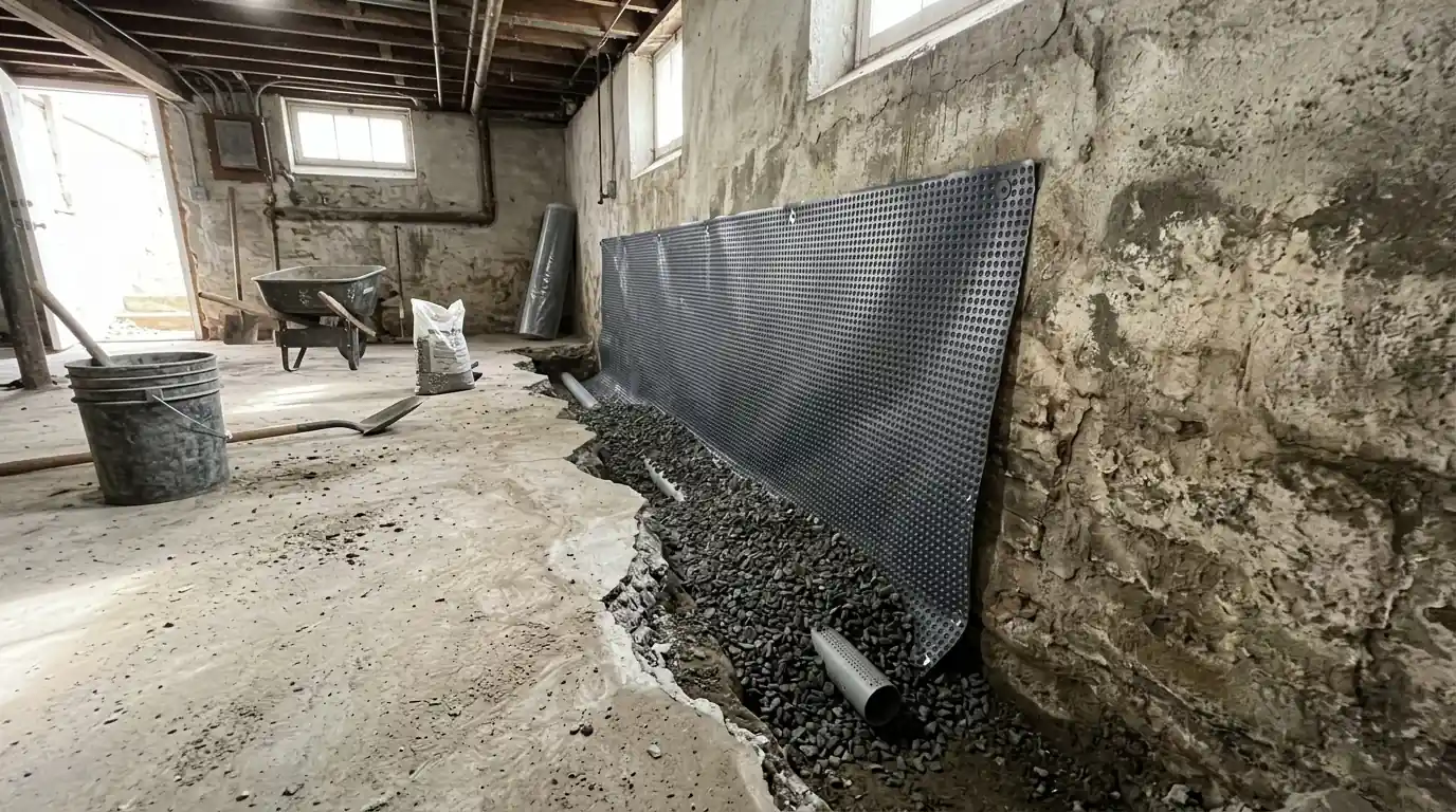Interior drain channel being installed along a basement wall with gravel and dimpled membrane