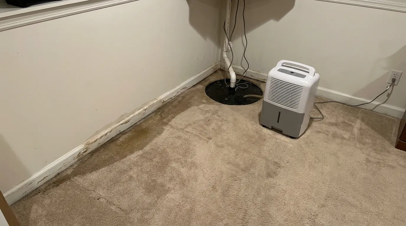 Finished suburban basement with a damp carpet edge