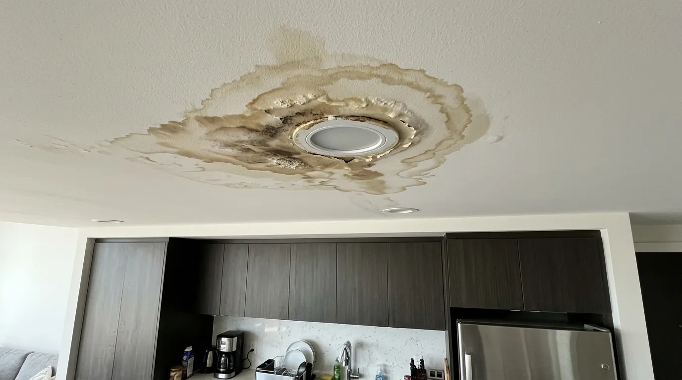Brown water stain spreading across a condo kitchen ceiling around a recessed light