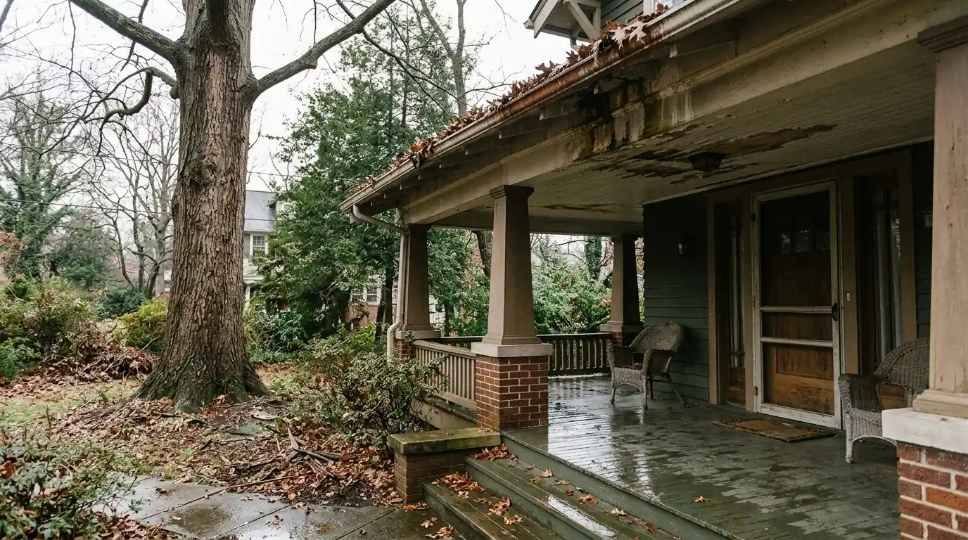 Craftsman bungalow front porch with a clogged gutter full of leaves and a stained ceiling above the porch swing