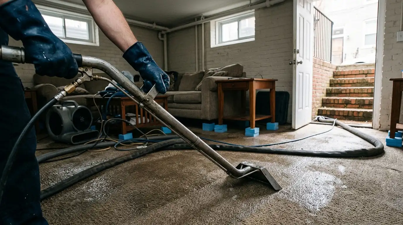 Gloved hands guiding an extraction wand across soaked carpet in a DC English basement apartment