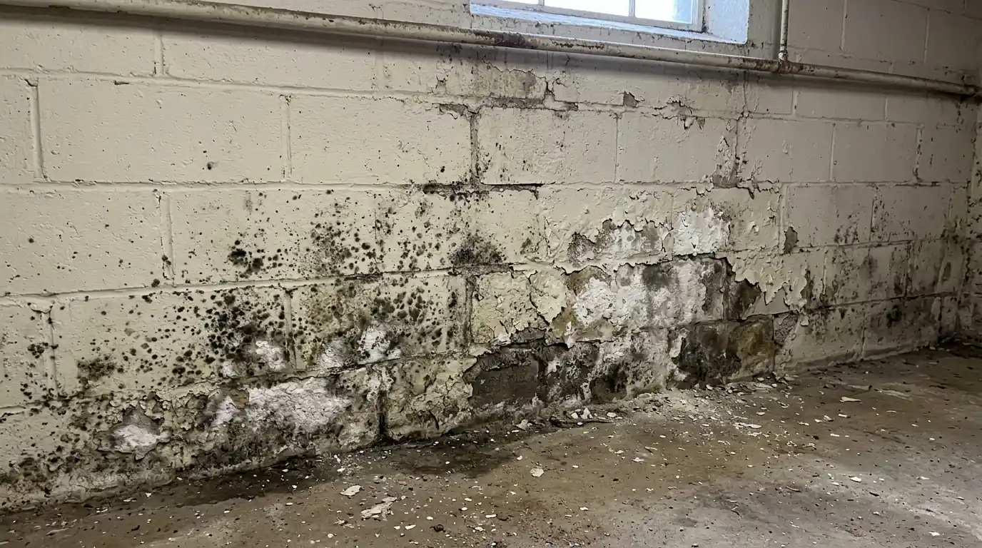Mold spotting on the lower half of a painted cinder block basement wall beside white efflorescence
