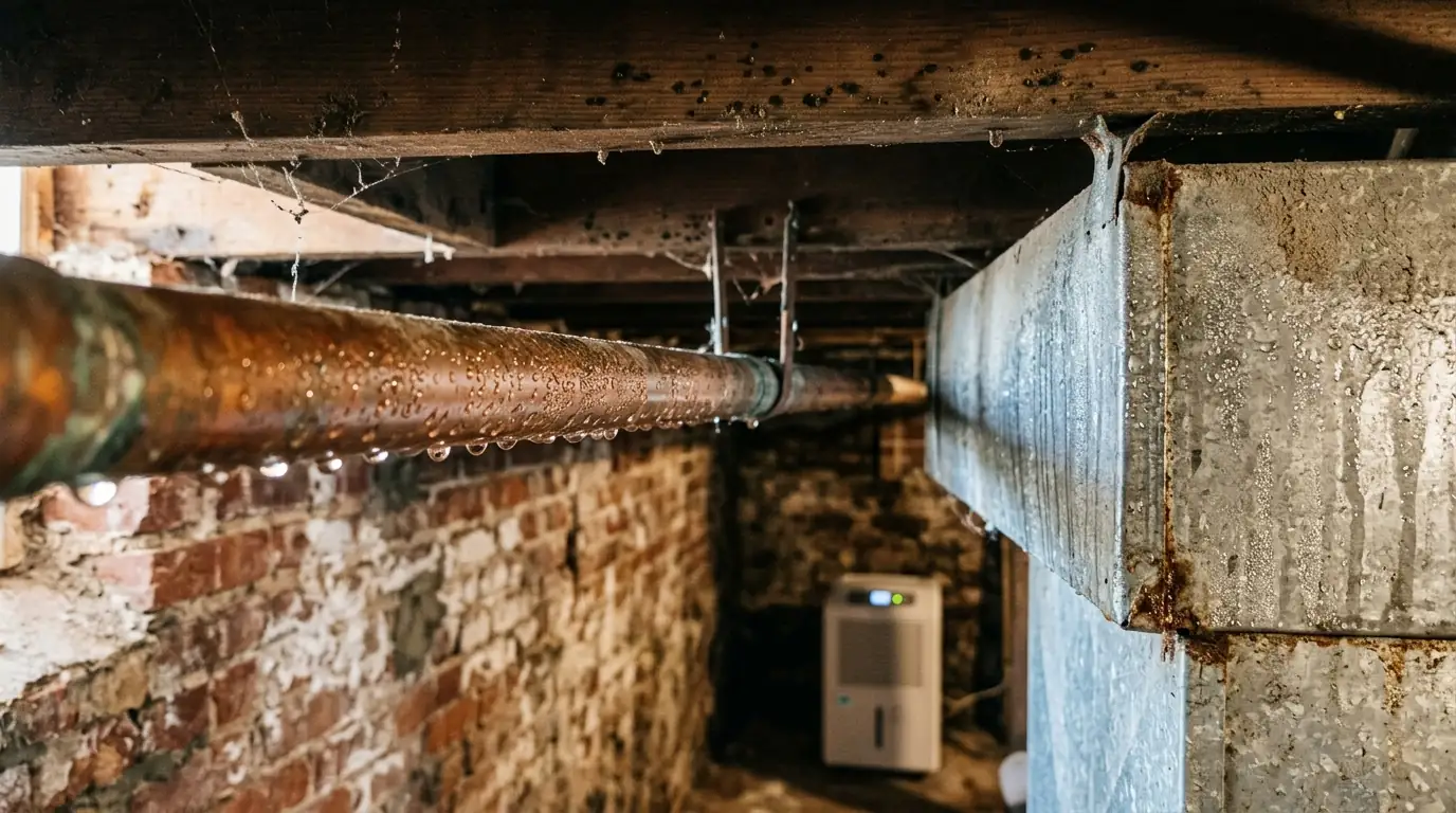 Condensation dripping from a cold water pipe and metal duct in a humid brick-walled basement