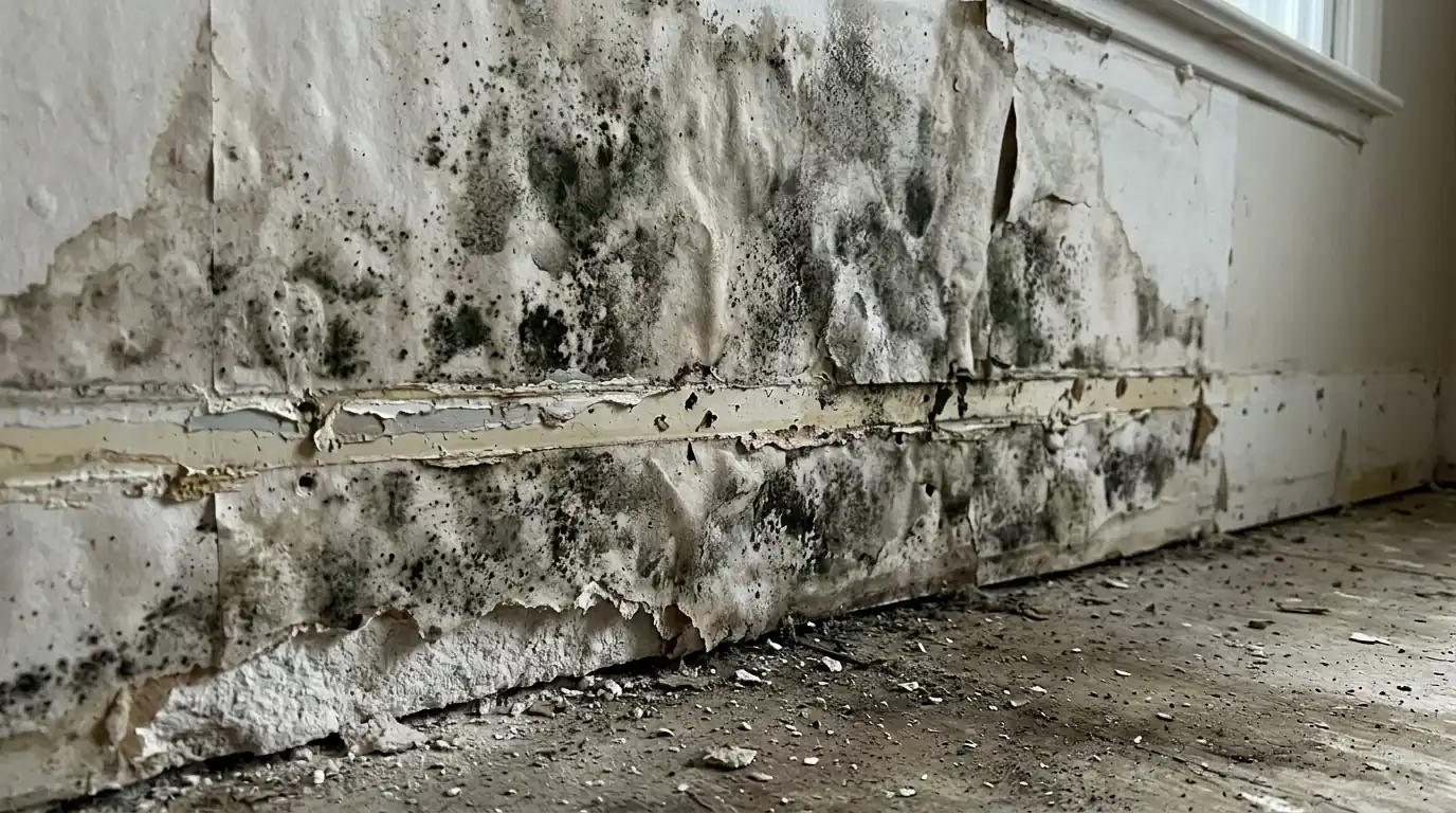 Dark mold growth on the paper face of wet drywall behind a removed baseboard