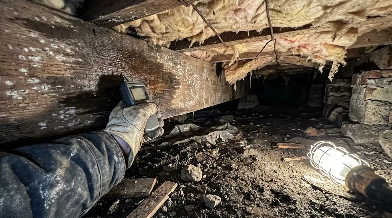 Technician's gloved hand holding a moisture meter against damp floor joists inside a dirt-floor crawl space