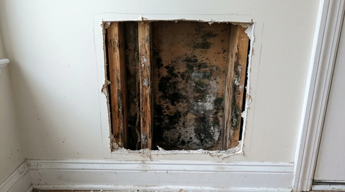 Square inspection opening cut in drywall revealing mold on the back of the board and damp wood studs