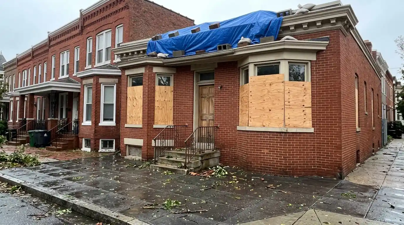 Plywood board-up over rowhouse windows with a tarp on the roof
