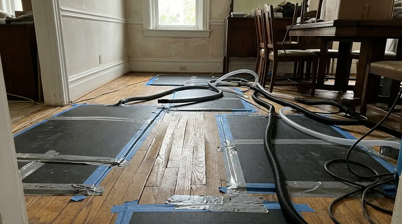 Cupped oak strip floorboards under black floor drying mats with tubing in an older home dining room