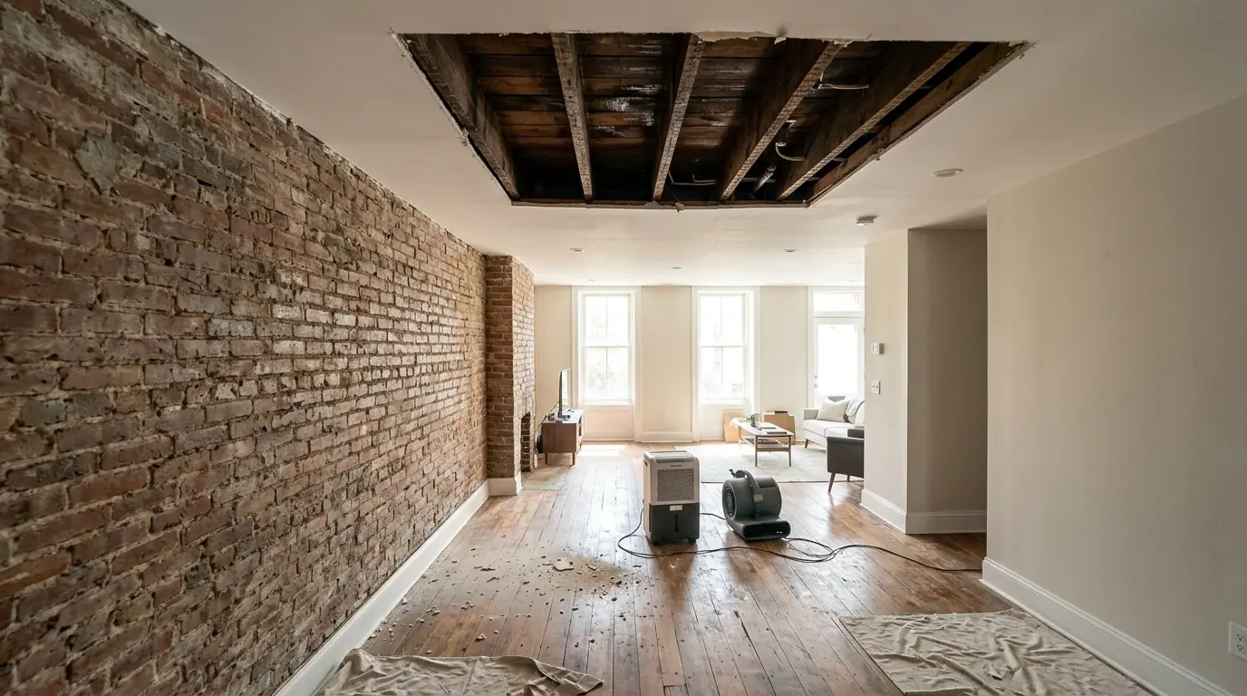 Water-stained drywall ceiling opened in a renovated Shaw rowhouse condo with a dehumidifier on the floor