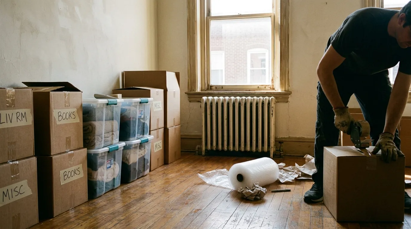 Sorted boxes and labeled bins in a partly cleared rowhouse living room beside a radiator
