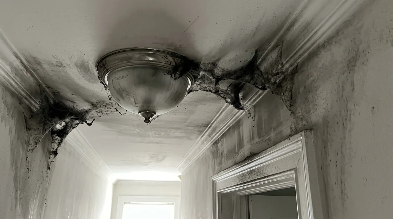 Gray smoke film and dark webbing on a white hallway wall and ceiling light fixture