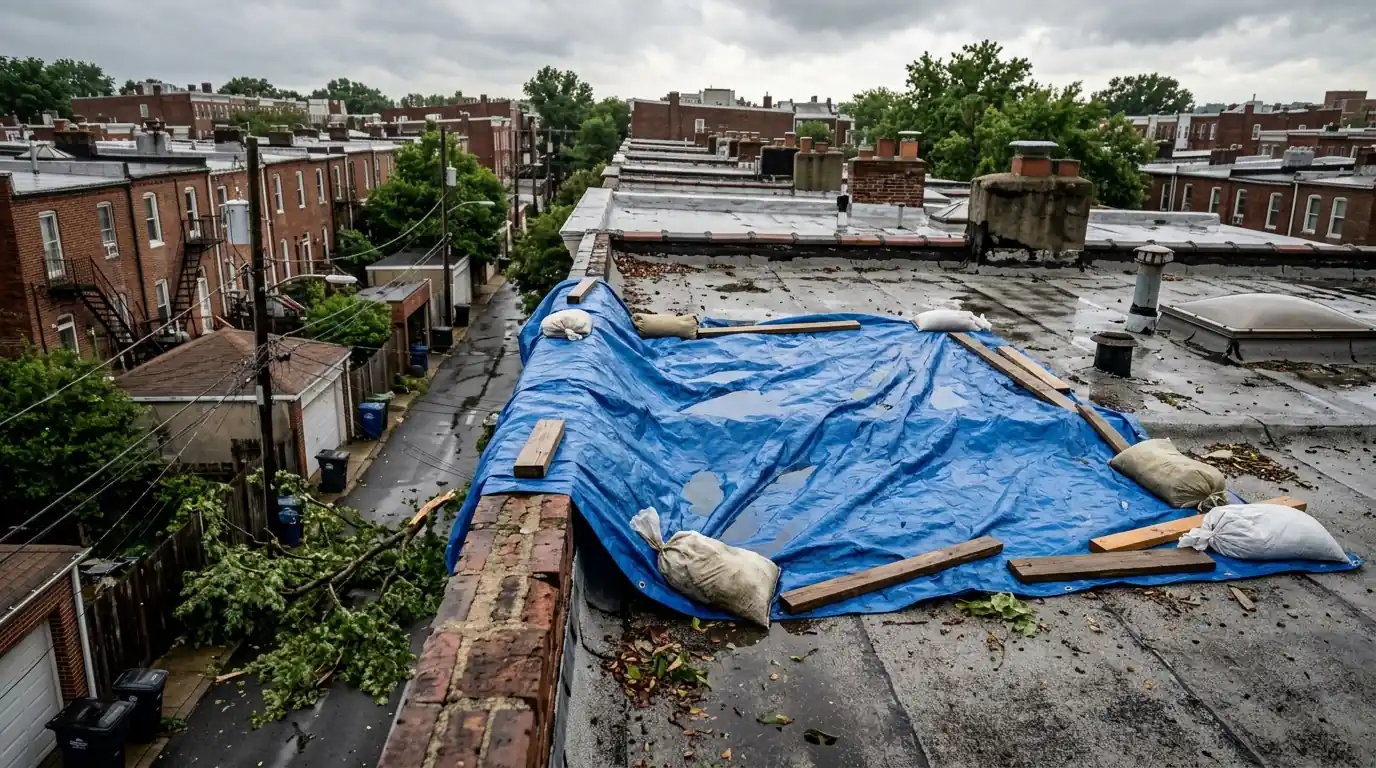 Blue tarp held by sandbags and wood battens over a damaged flat rowhouse roof, lapped over a brick parapet