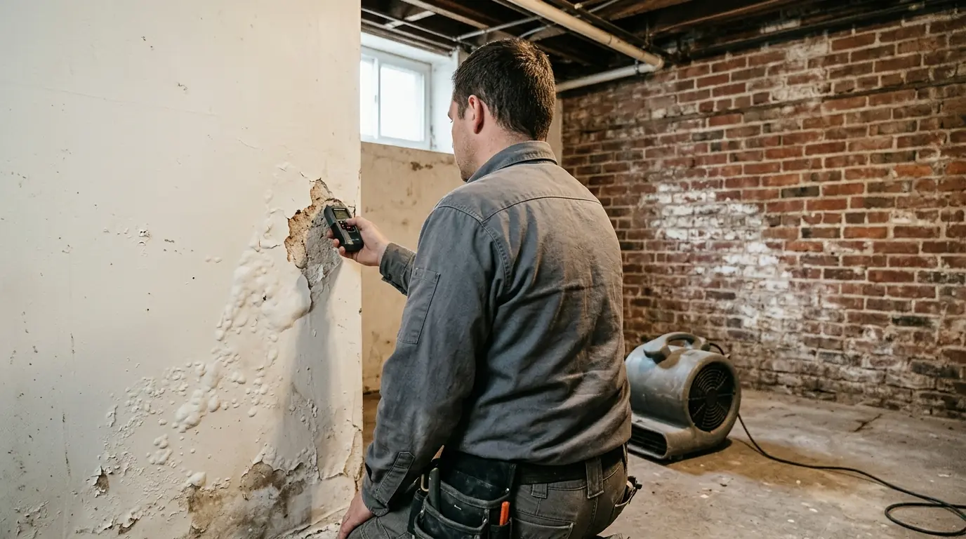Technician reading a moisture meter against the plaster wall of a Washington DC rowhouse basement