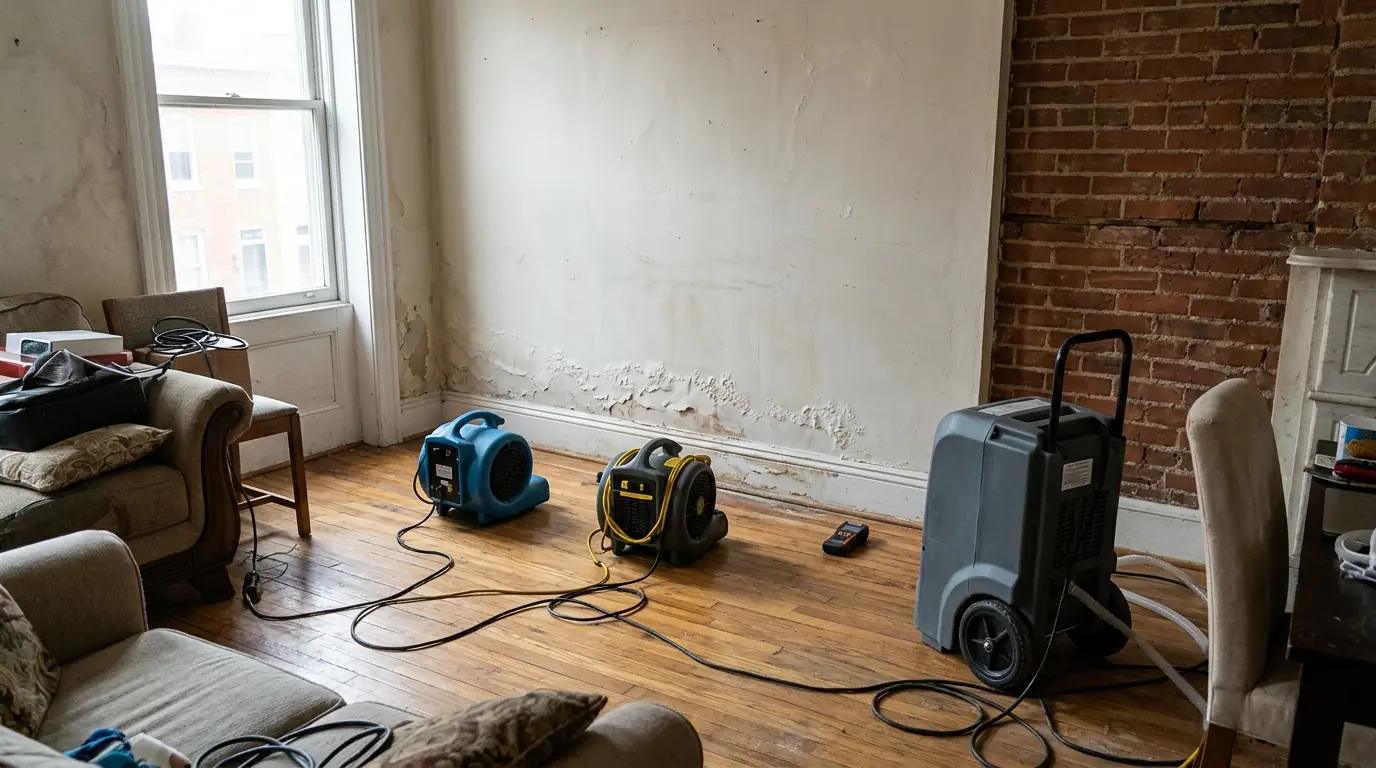 Air movers and a dehumidifier drying the lower plaster wall of a DC rowhouse living room