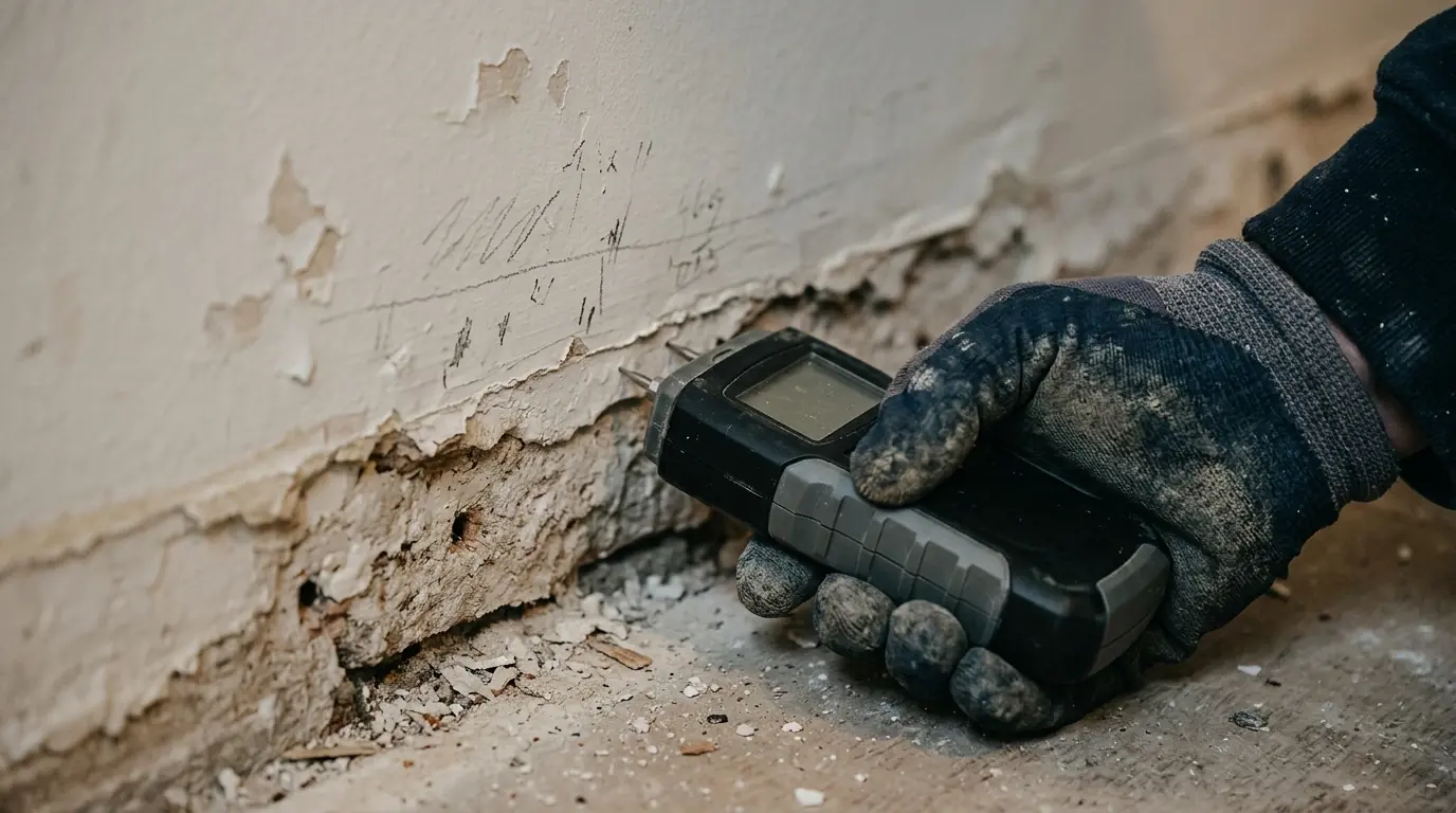 Moisture meter reading at the base of a plaster wall