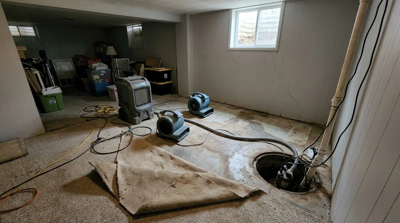 Open sump pit with a submersible pump beside wet carpet in a finished basement of a detached colonial