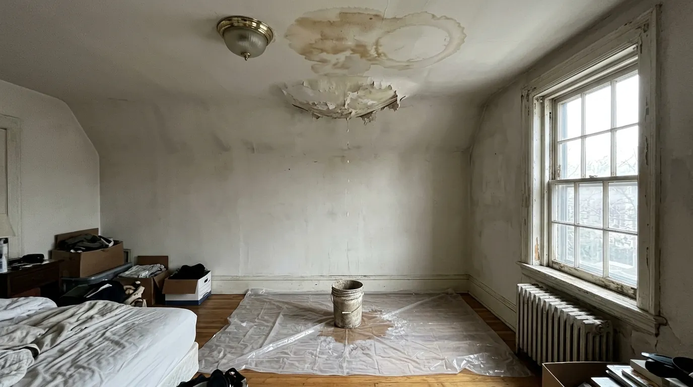 Water-stained plaster ceiling with a sagging bulge in the top-floor bedroom of a DC rowhouse