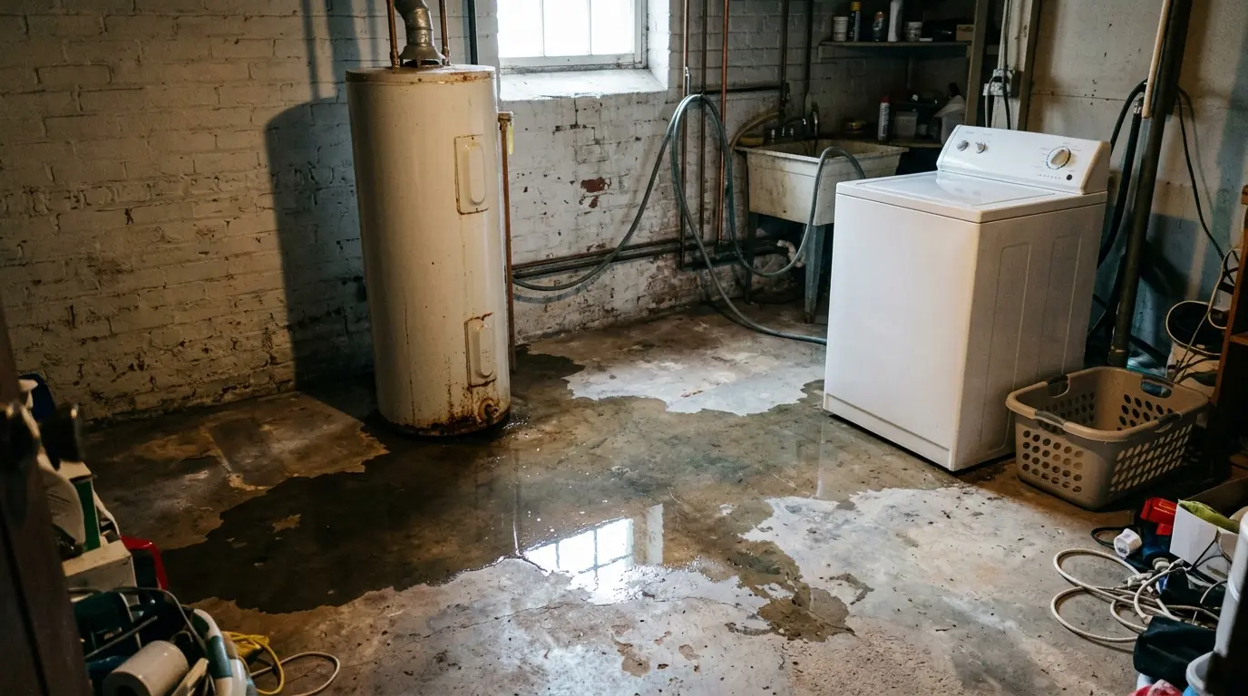 Water pooled around a leaking tank water heater on a basement floor next to a washing machine