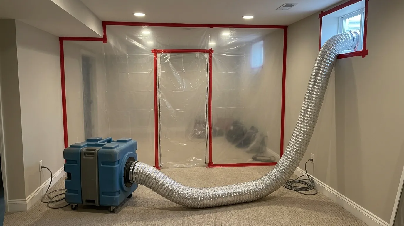 Plastic containment and a HEPA air scrubber in a basement hallway
