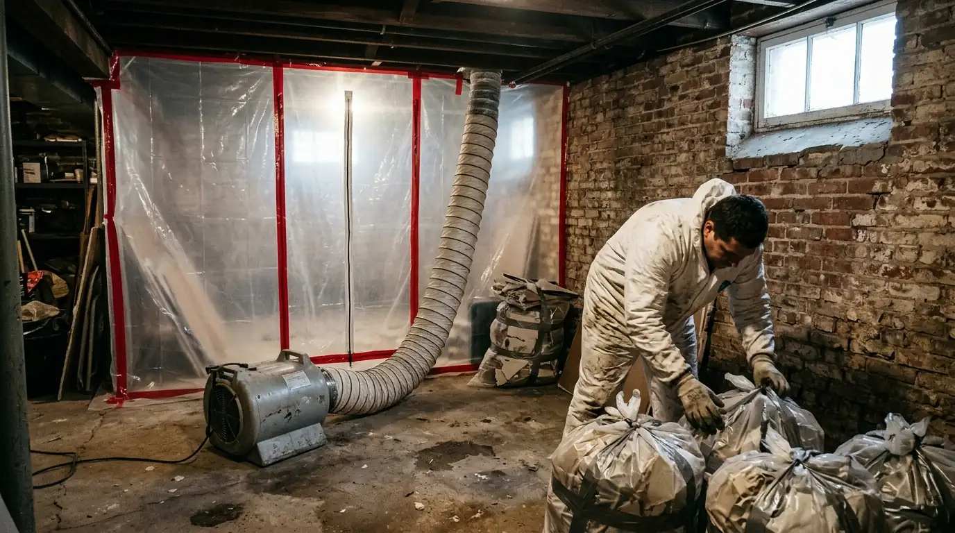 Plastic containment with a zipper door sealing off a brick rowhouse basement wall during mold remediation