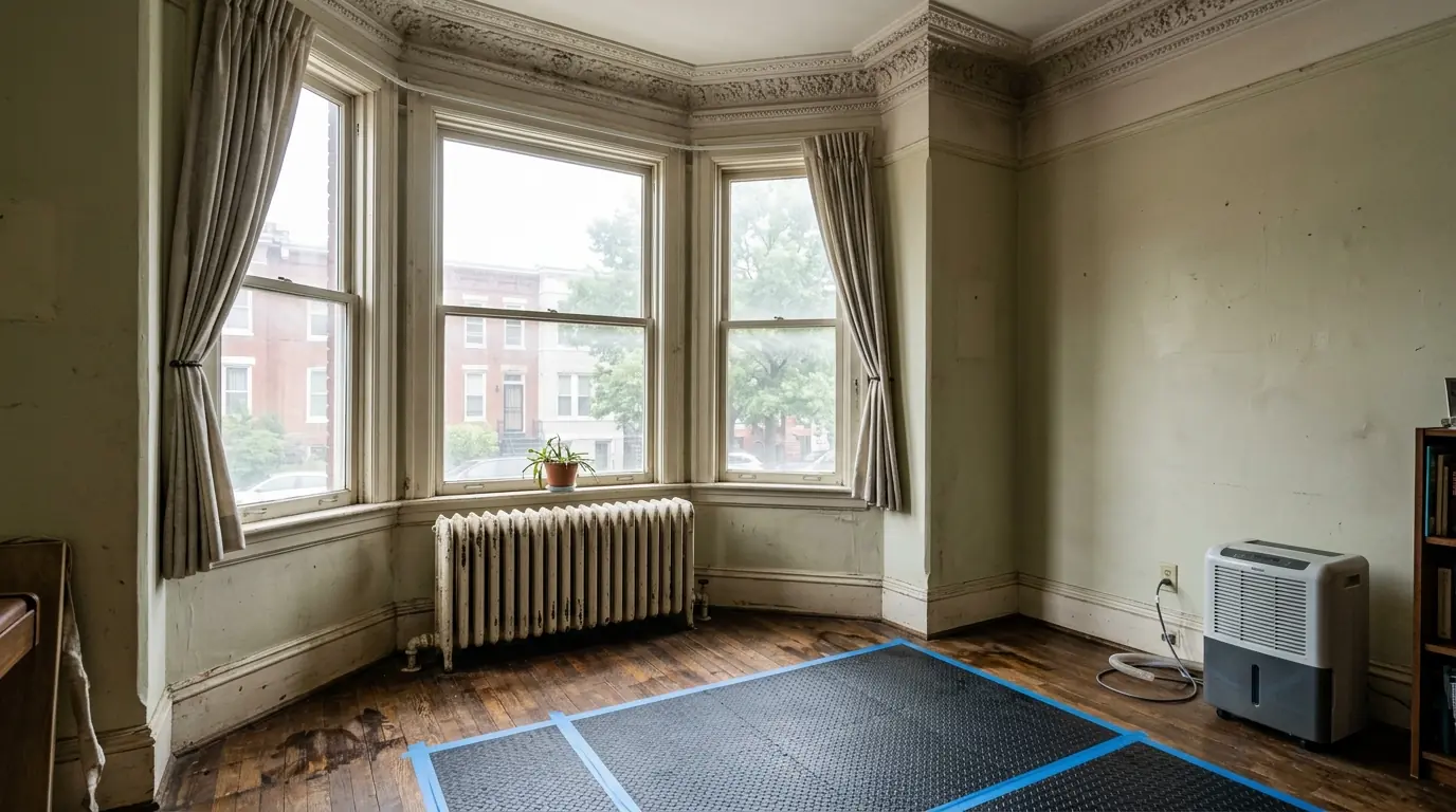 Steam radiator beside a bay window with a drying mat on a wet oak floor in a Victorian rowhouse