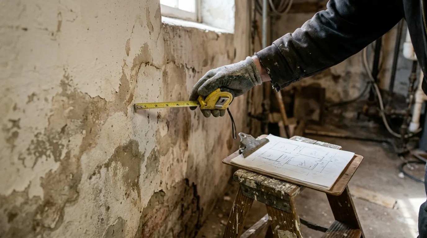 Technician measuring a water-stained basement wall with a tape measure and clipboard in a DC rowhouse