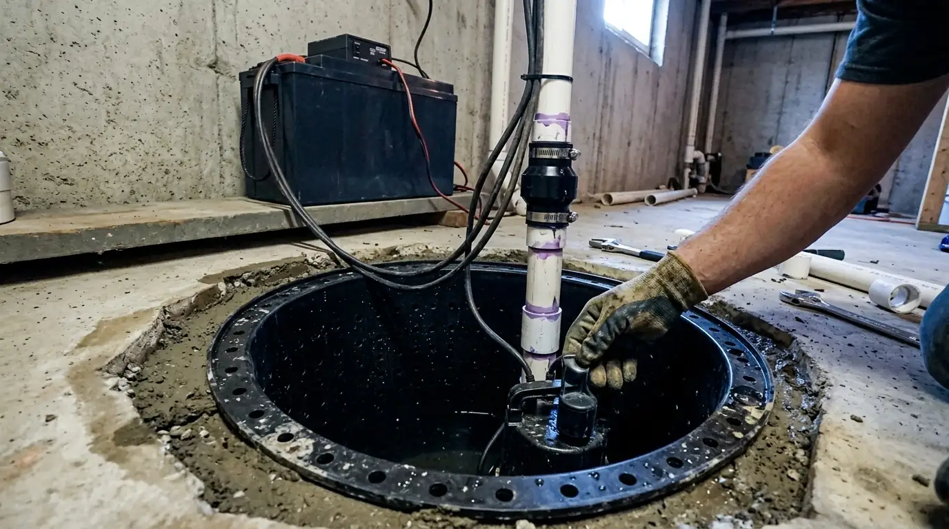 New submersible sump pump in a plastic pit liner with white PVC discharge pipe and check valve in a basement