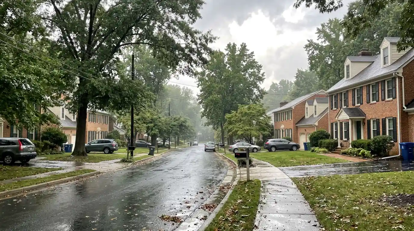 Suburban street of brick colonials just outside Washington, DC after rain