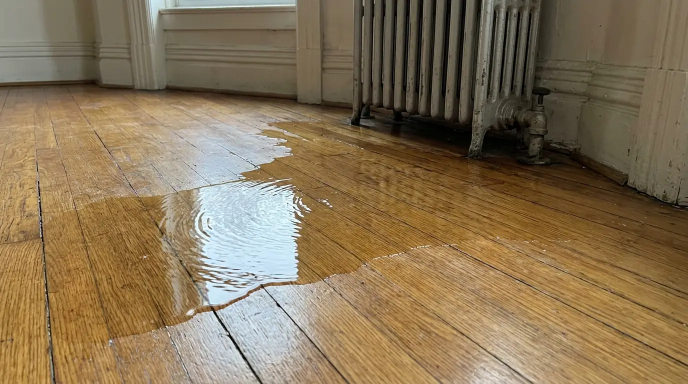 Water spreading across an oak floor toward a radiator