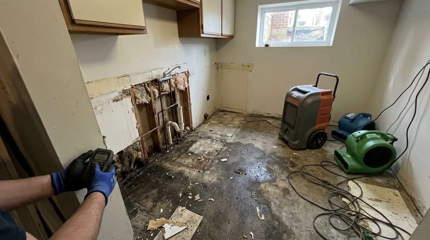 Terrace-level apartment kitchen with flooring removed and air movers drying a concrete floor after a drain backup