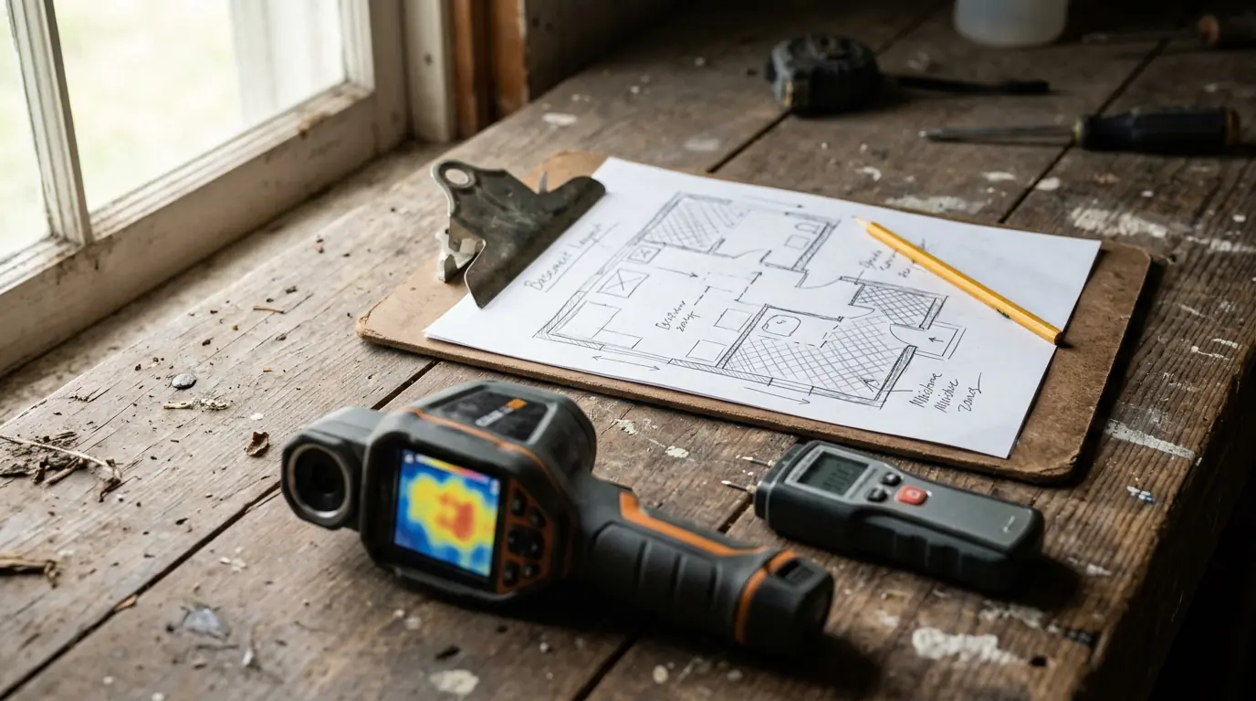 Moisture meter, thermal camera and a sketched moisture map on a workbench