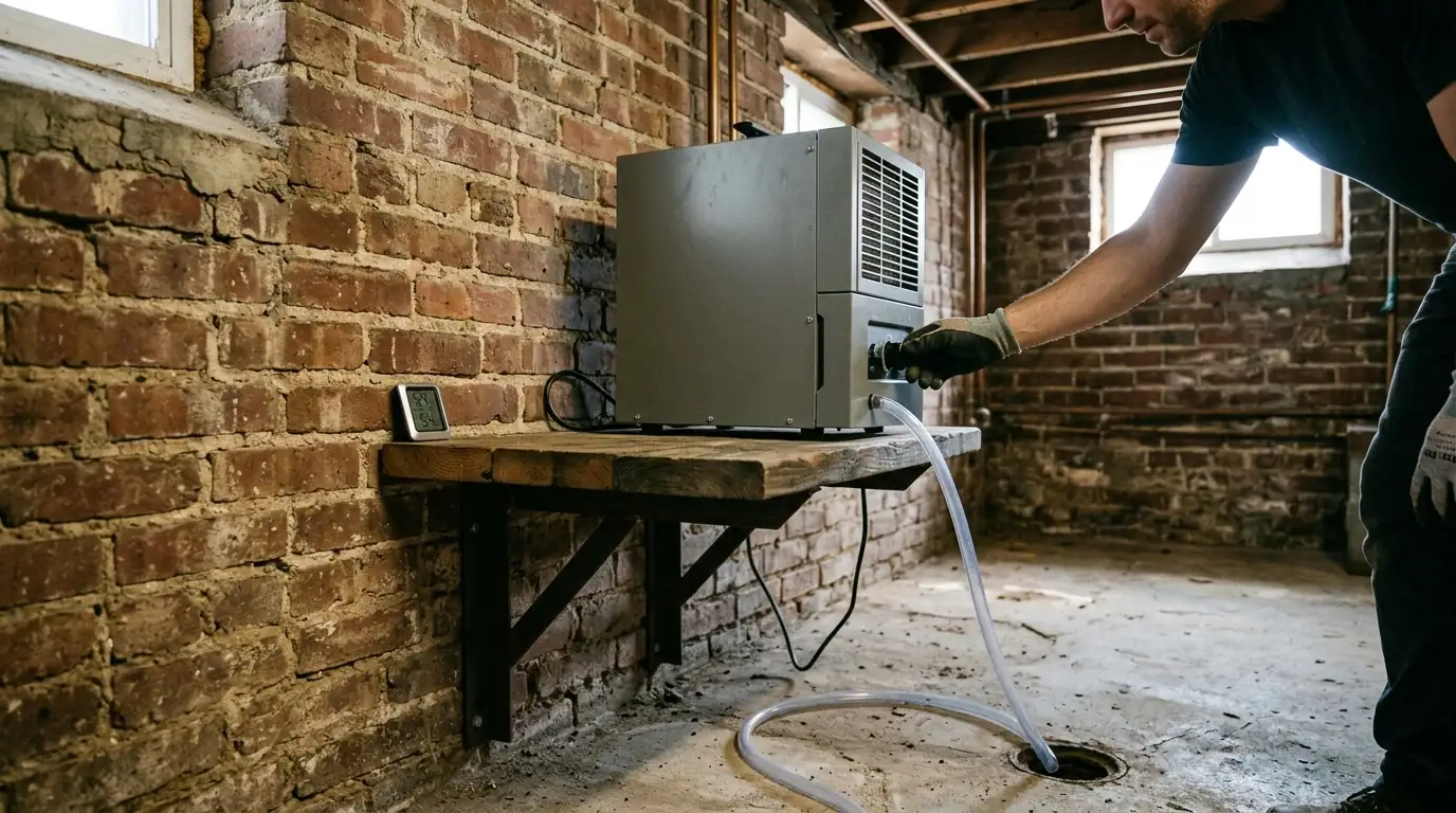 Whole-basement dehumidifier mounted on a shelf in an unfinished brick basement with a drain hose to the floor