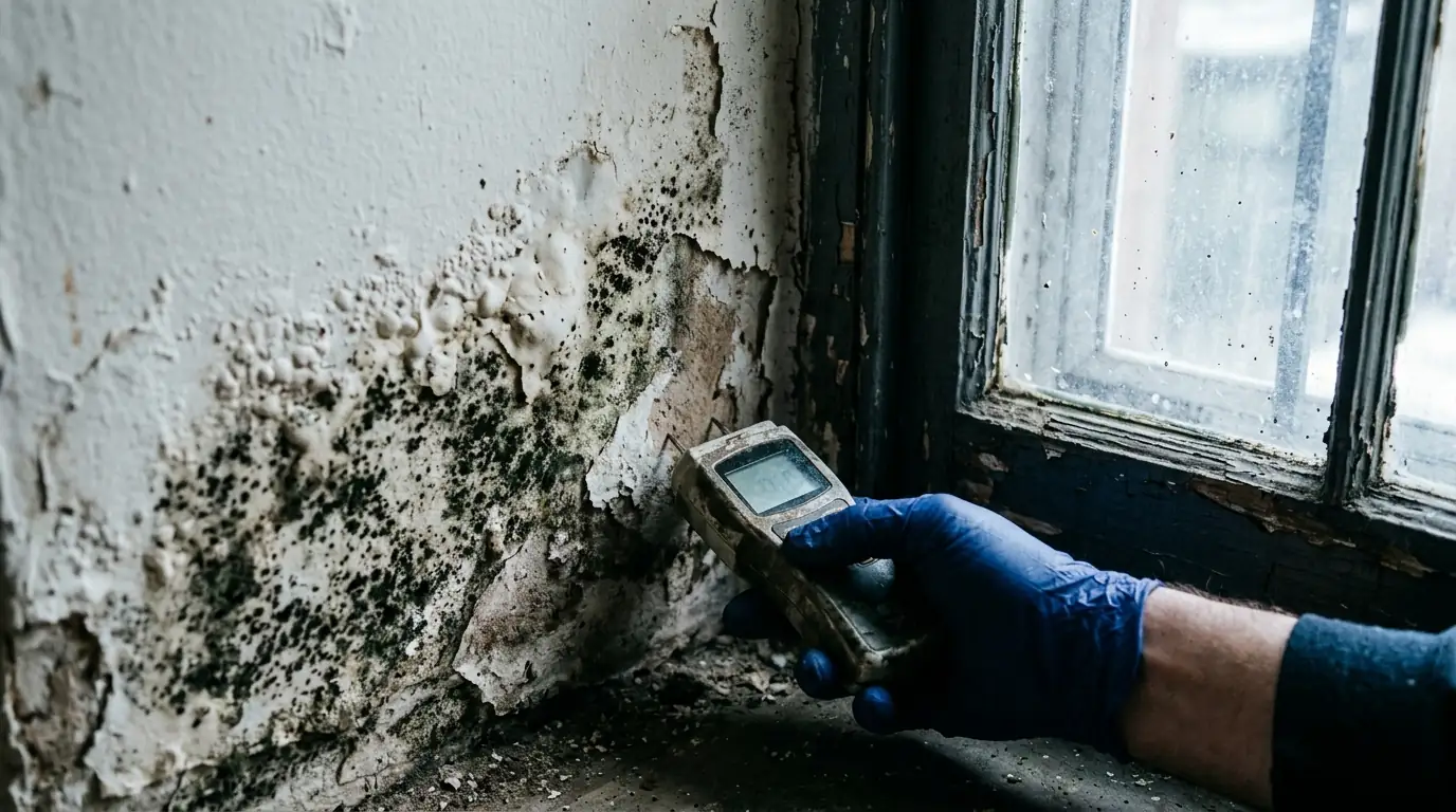 Dark mold spots along the base of a painted plaster wall beside an old basement window in a DC rowhouse