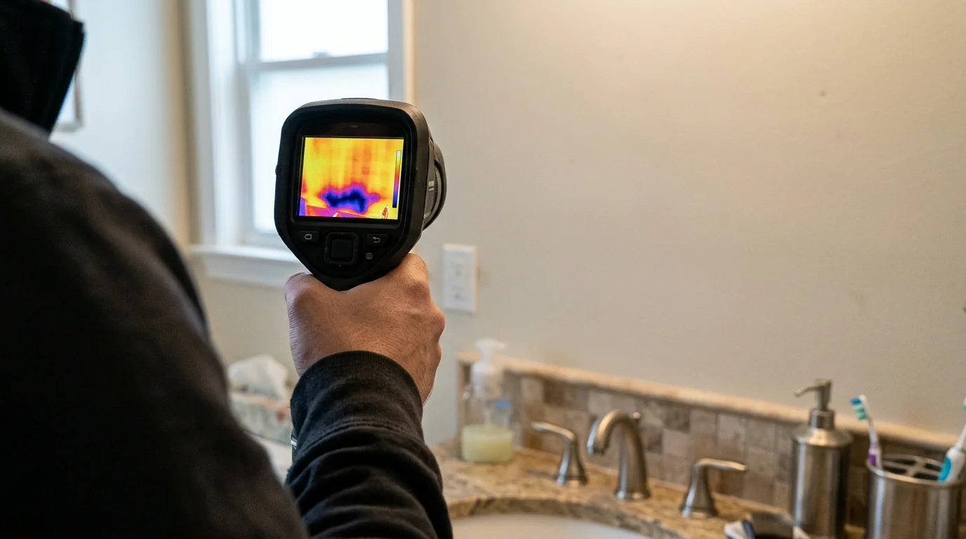 Thermal camera held up to a wall behind a bathroom vanity